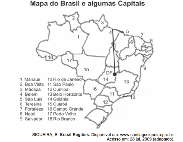 Mapa do Brasil com algumas capitais (Foto: Reprodução/ENEM)