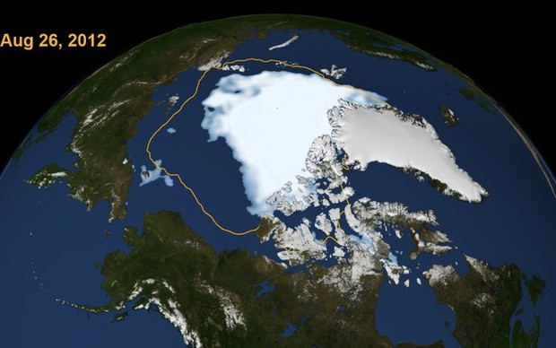 A área delimitada em amarelo representa a menor área da calota polar ártica até 2012. (Foto: Reprodução/)