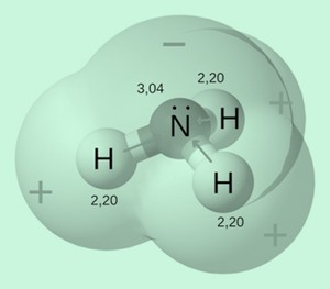Dipolo onde os átomos de hidrogênio, menos eletronegativos, estão na extremidade positiva e o nitrogênio, mais eletronegativo, está na extremidade negativa.  (Foto: Wikicommons)