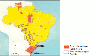 Mapa com áreas polarizadas por Porto Alegre e Curitiba (Foto: Reprodução/UERJ)