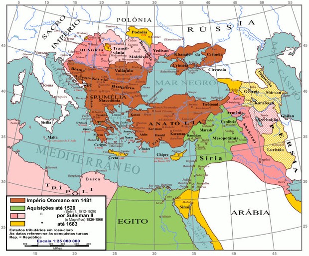 Mapa mostra domínios do Império Otomano (Foto: Reprodução)