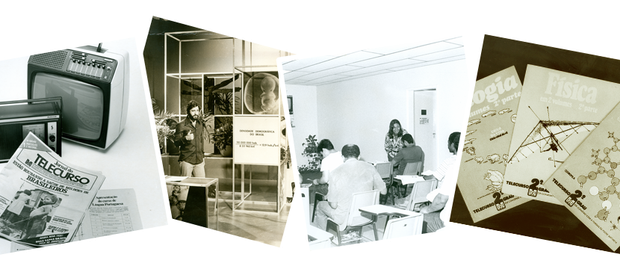 Material do Telecurso 1º e 2º graus, nos anos de 1980; O programa ainda apresentado por Antônio Fagundes; Primeiras salas de aula, na década de 1980; Fascículos do antigo Telecurso 2º grau (Foto: Telecurso)
